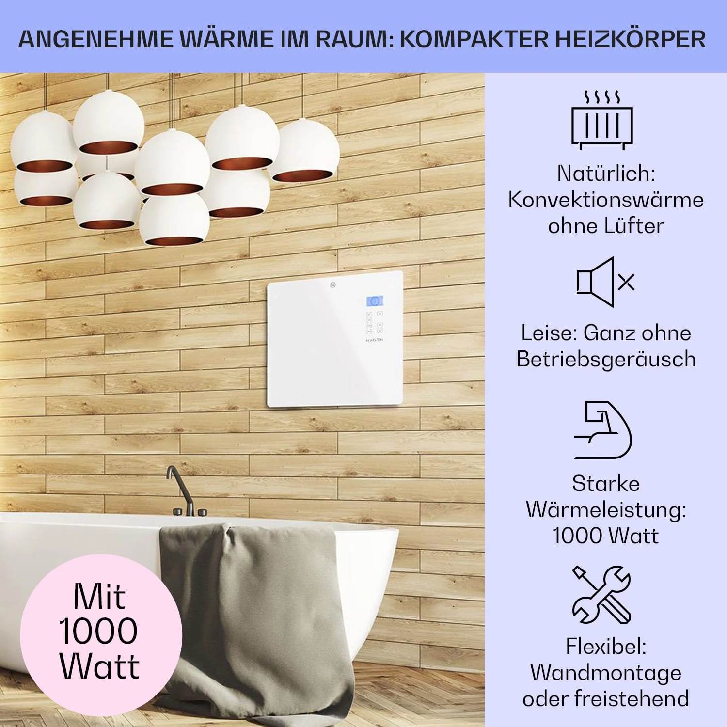 Norderney Konvektions-Heizgerät Thermostat Timer 1000W 20m² Weiß – Bild 2