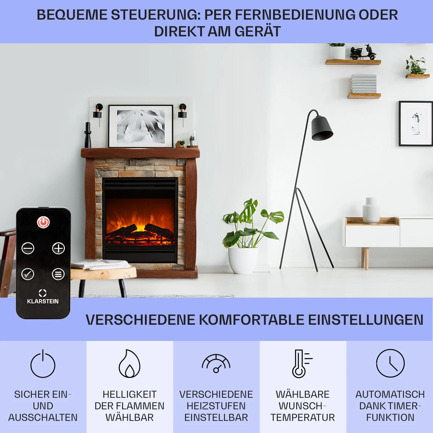 Lienz Elektrischer Kamin 1800W Steindekor Polystone Fernbedienung – Bild 6