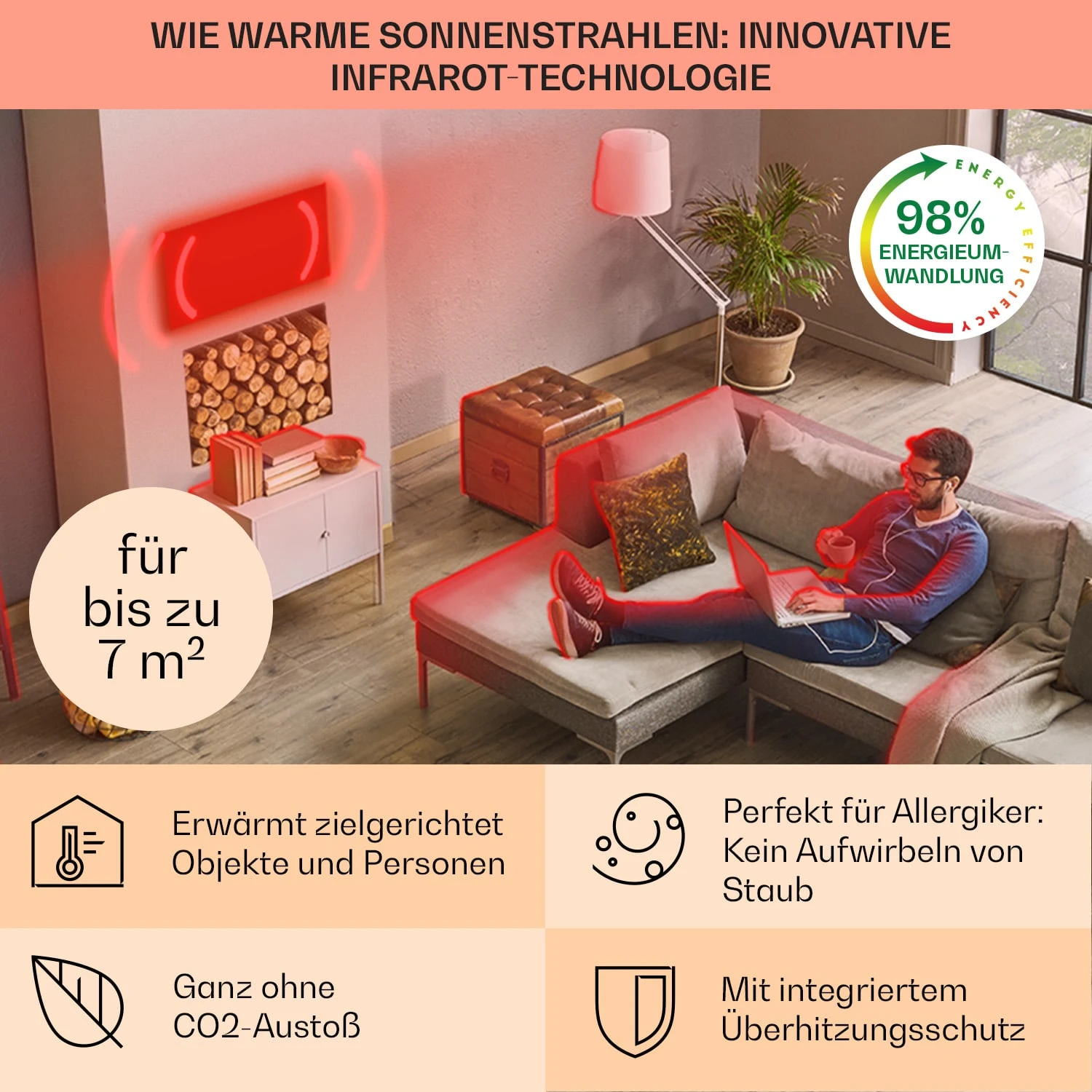 Wonderwall Air 36 Infrarotheizung 120x30cm 360W Wandinstallation Fernbedienung – Bild 4
