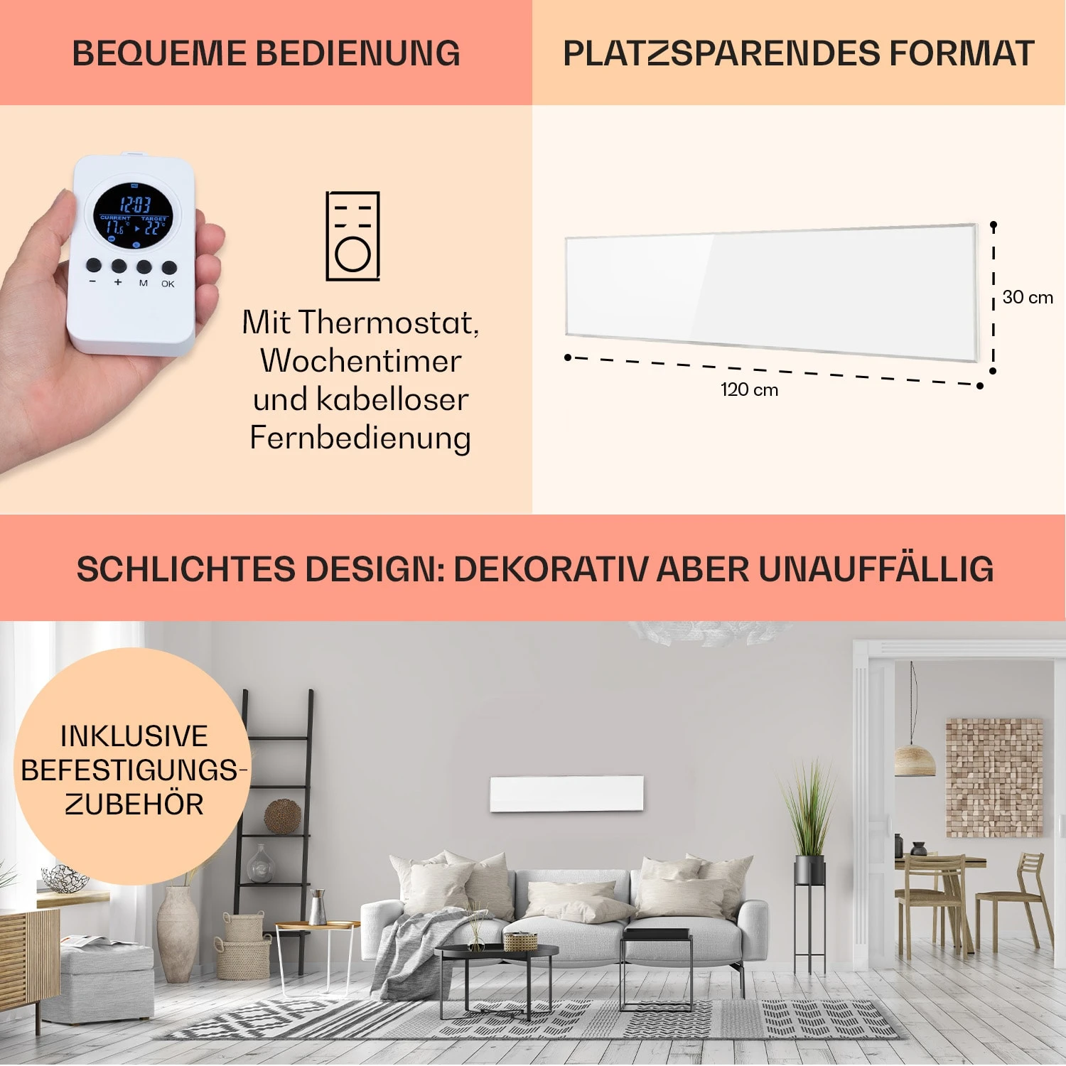 Wonderwall Air 36 Infrarotheizung 120x30cm 360W Wandinstallation Fernbedienung – Bild 6