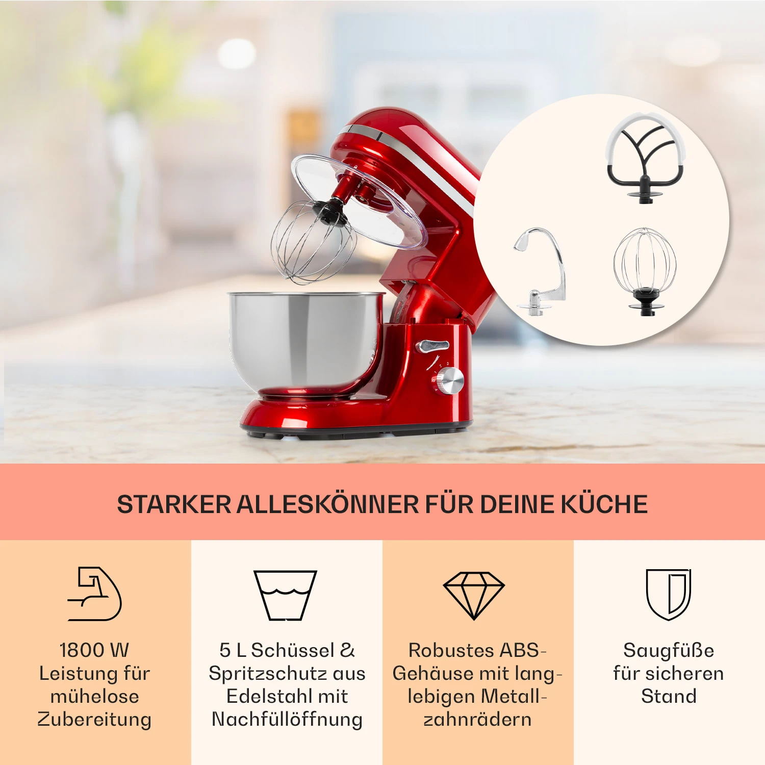 Bella Elegance Küchenmaschine 2000 W 2,7 PS 5,2 Ltr Edelstahl BPA-frei – Bild 3