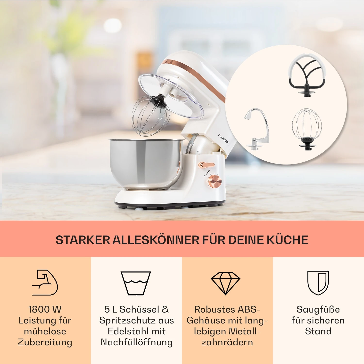 Bella Elegance Küchenmaschine 2000W/2,7PS/5,2 Ltr Edelstahl BPA-frei – Bild 3