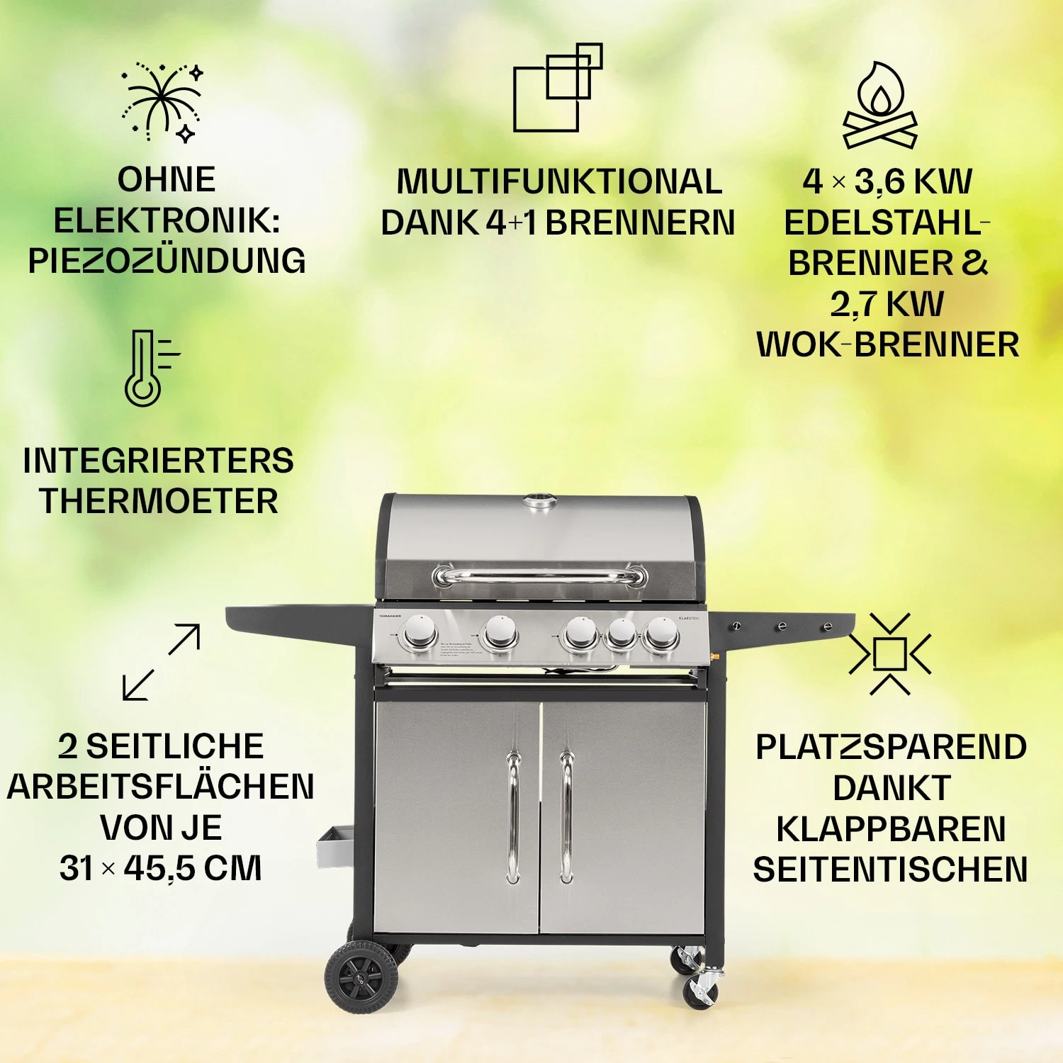 Tomahawk Gasgrill 4x3,6 KW + 2,7 KW Brenner 66x43,5 Cm Grill Edelstahl – Bild 2