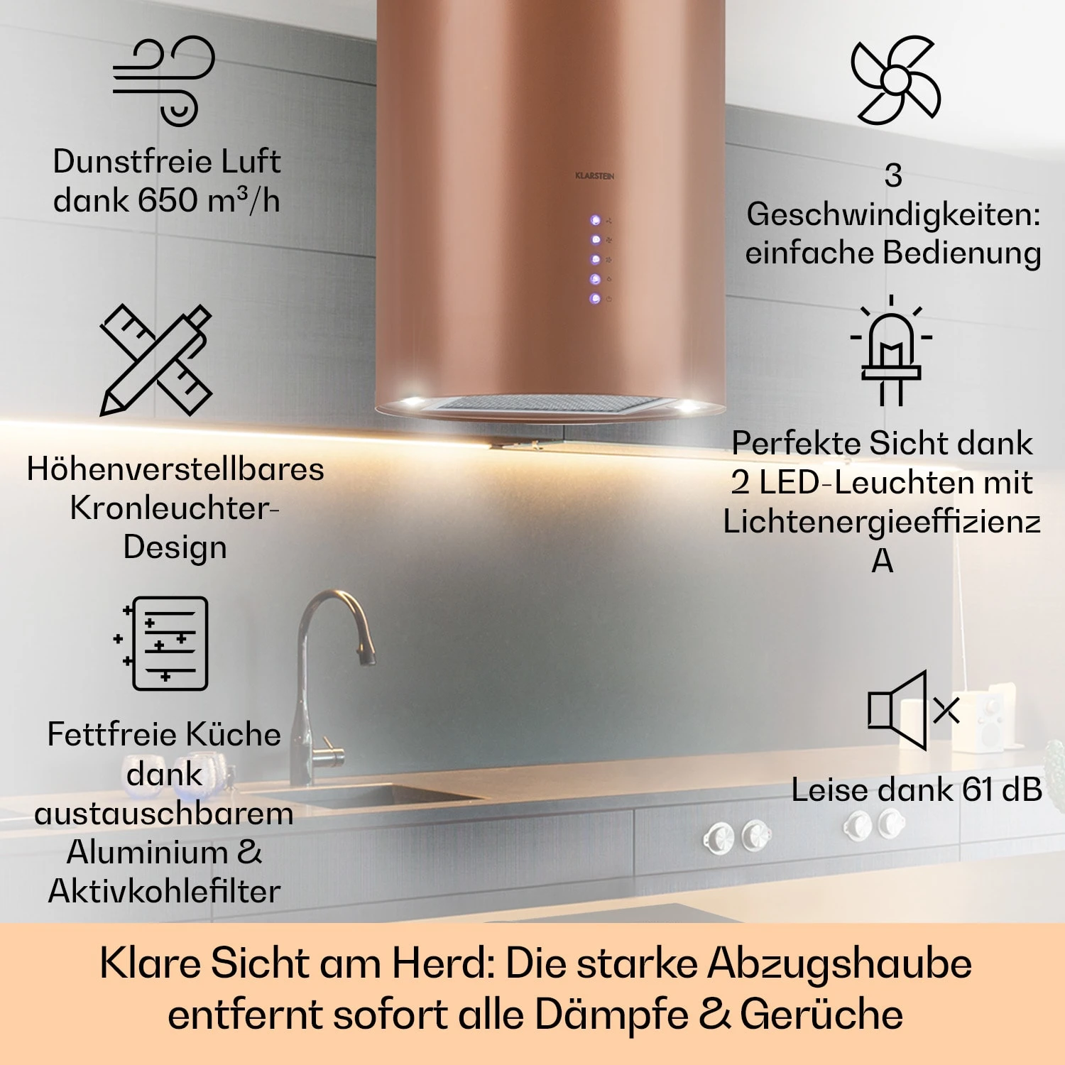 Beretta Inselabzugshaube Ø35cm Ab-/Umluft 650m³/h LED Aktivkohlefilter – Bild 2