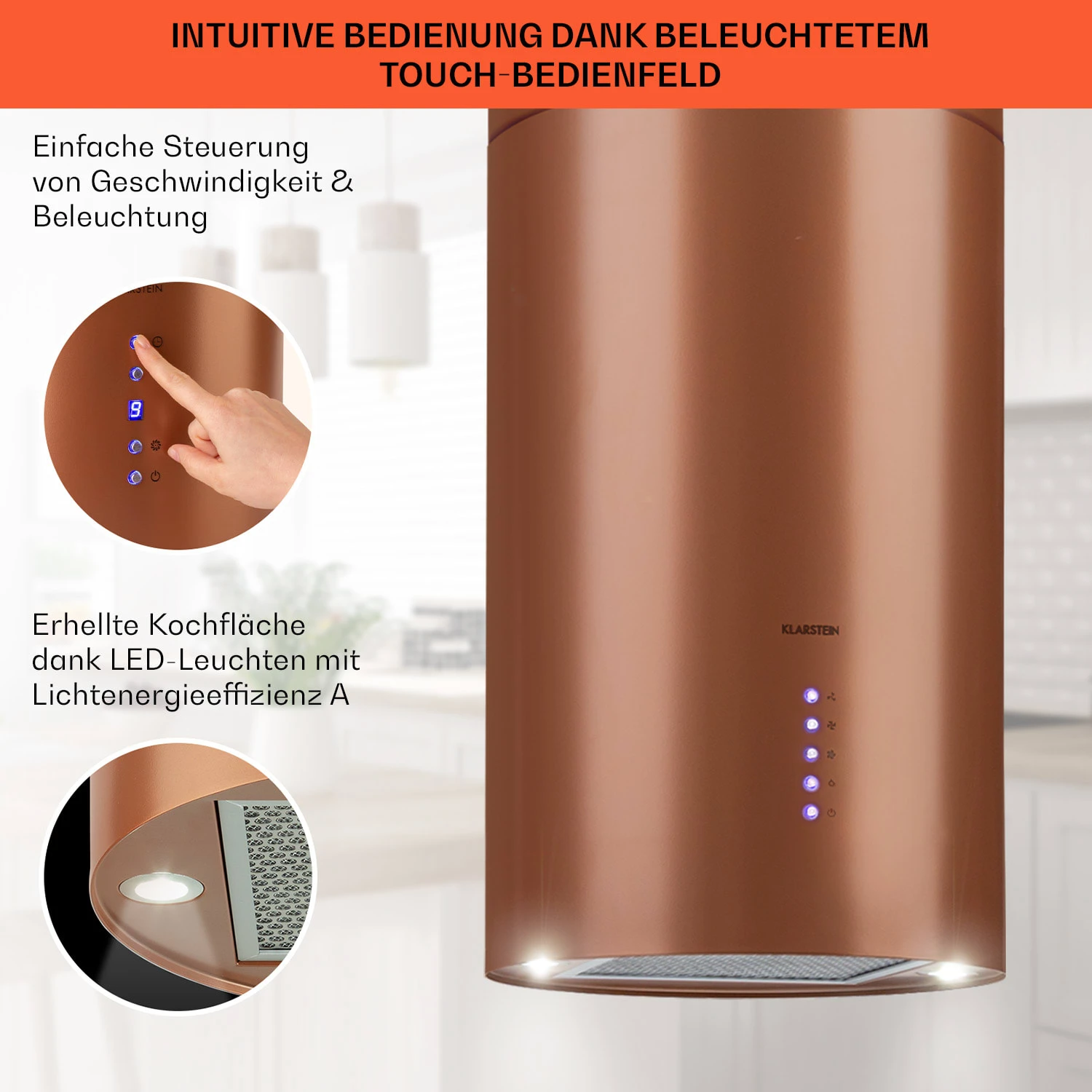 Beretta Inselabzugshaube Ø35cm Ab-/Umluft 650m³/h LED Aktivkohlefilter – Bild 4