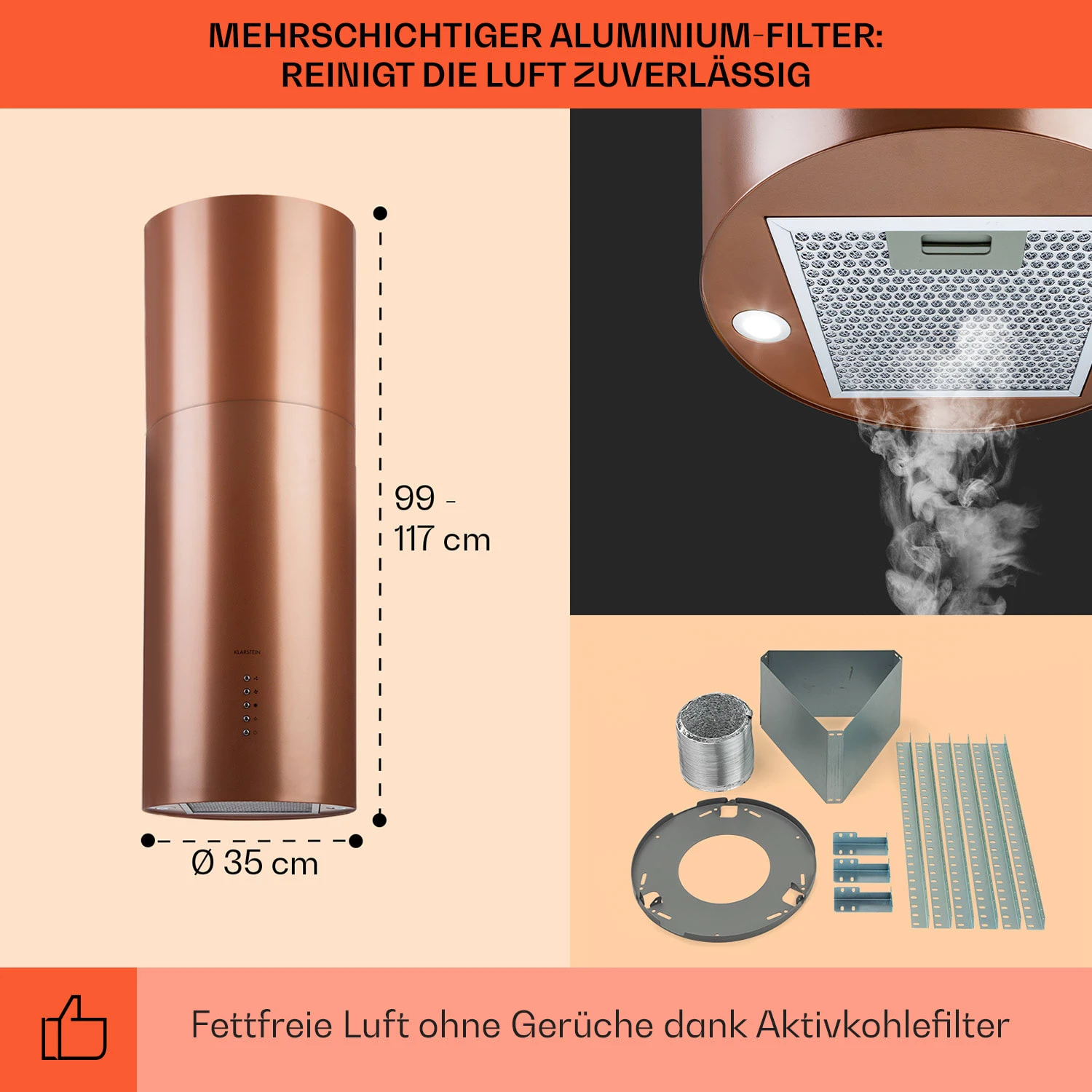 Beretta Inselabzugshaube Ø35cm Ab-/Umluft 650m³/h LED Aktivkohlefilter – Bild 5