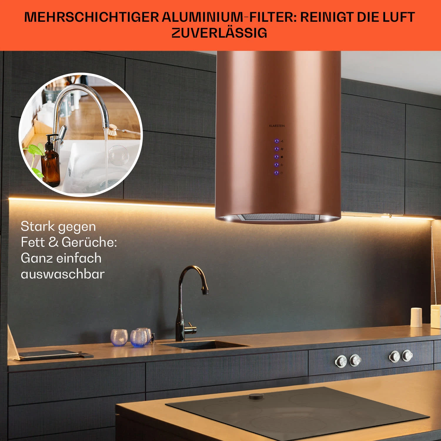 Beretta Inselabzugshaube Ø35cm Ab-/Umluft 650m³/h LED Aktivkohlefilter – Bild 6