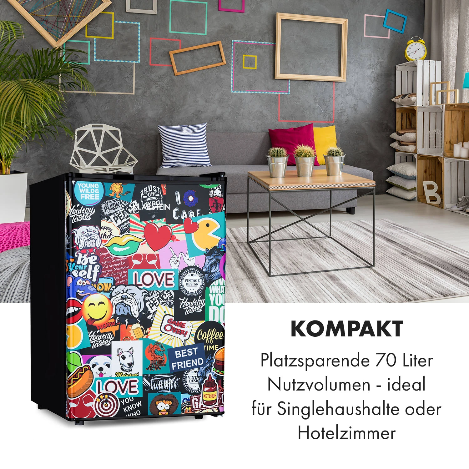 Cool Vibe 70+ Kühlschrank 72 Liter 2 Böden Stickerbomb-Style – Bild 2