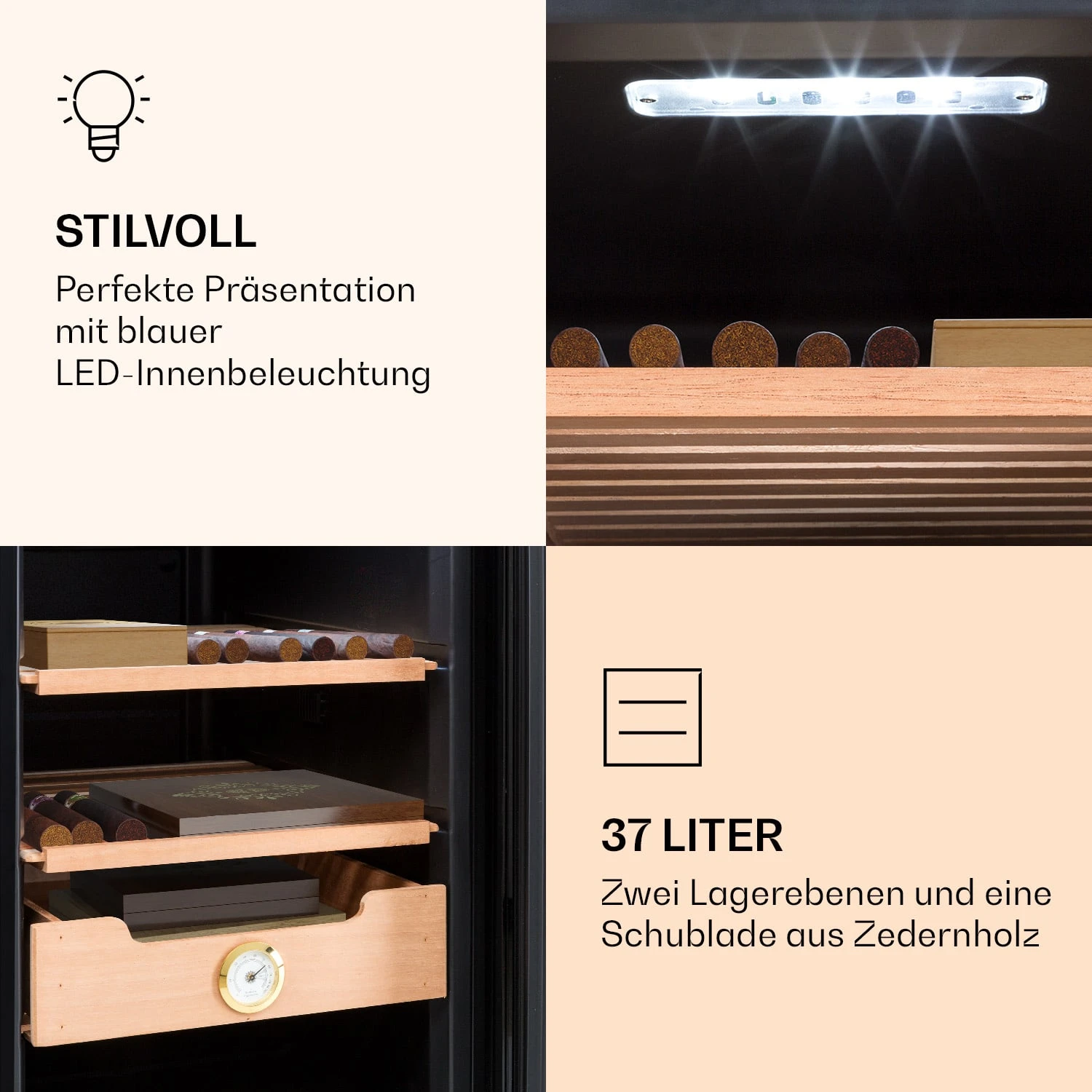Klarstein El Presidente 37 Zigarren-Humidor 37L 2 Einschübe 1 Fach Zedernholz – Bild 6