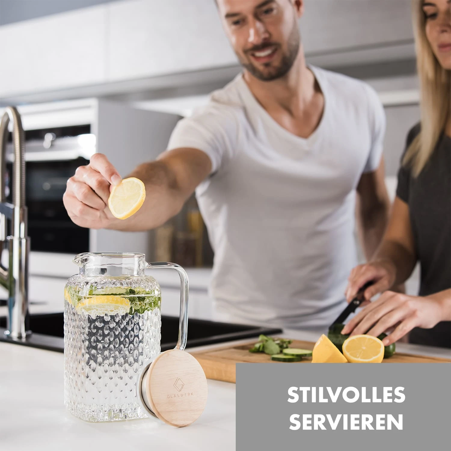 Glaswerk Livenza Wasserkrug 1,5 Liter Borosilikatglas Edelstahlsieb Deckel – Bild 2