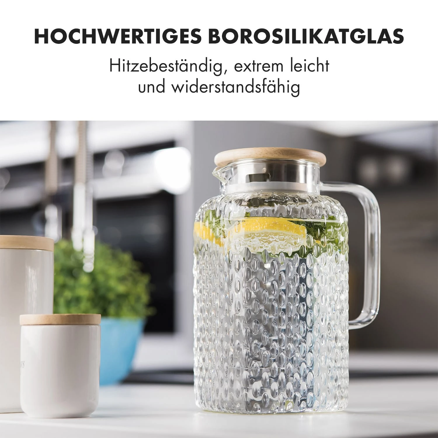 Glaswerk Livenza Wasserkrug 1,5 Liter Borosilikatglas Edelstahlsieb Deckel – Bild 3