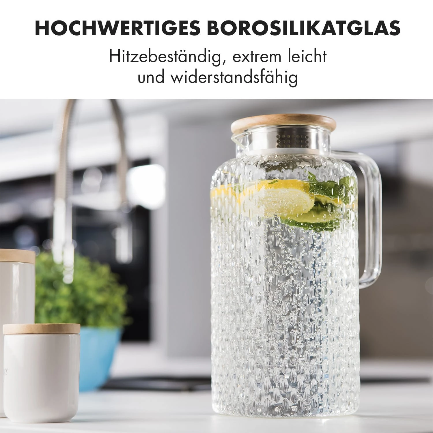 Glaswerk Livenza Wasserkrug 1,9 Liter Borosilikatglas Edelstahlsieb Deckel – Bild 3