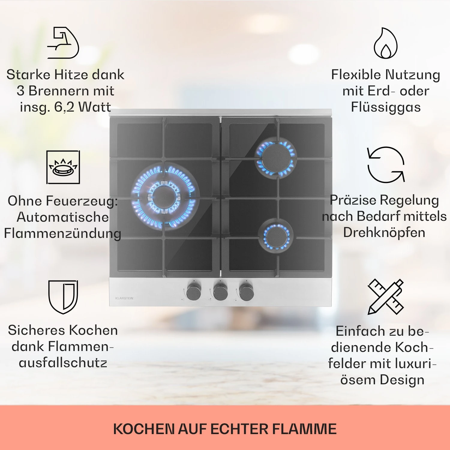 Alchemist 3 Gaskochfeld 3-flammig Aluminium-Brenner Glaskeramik – Bild 2