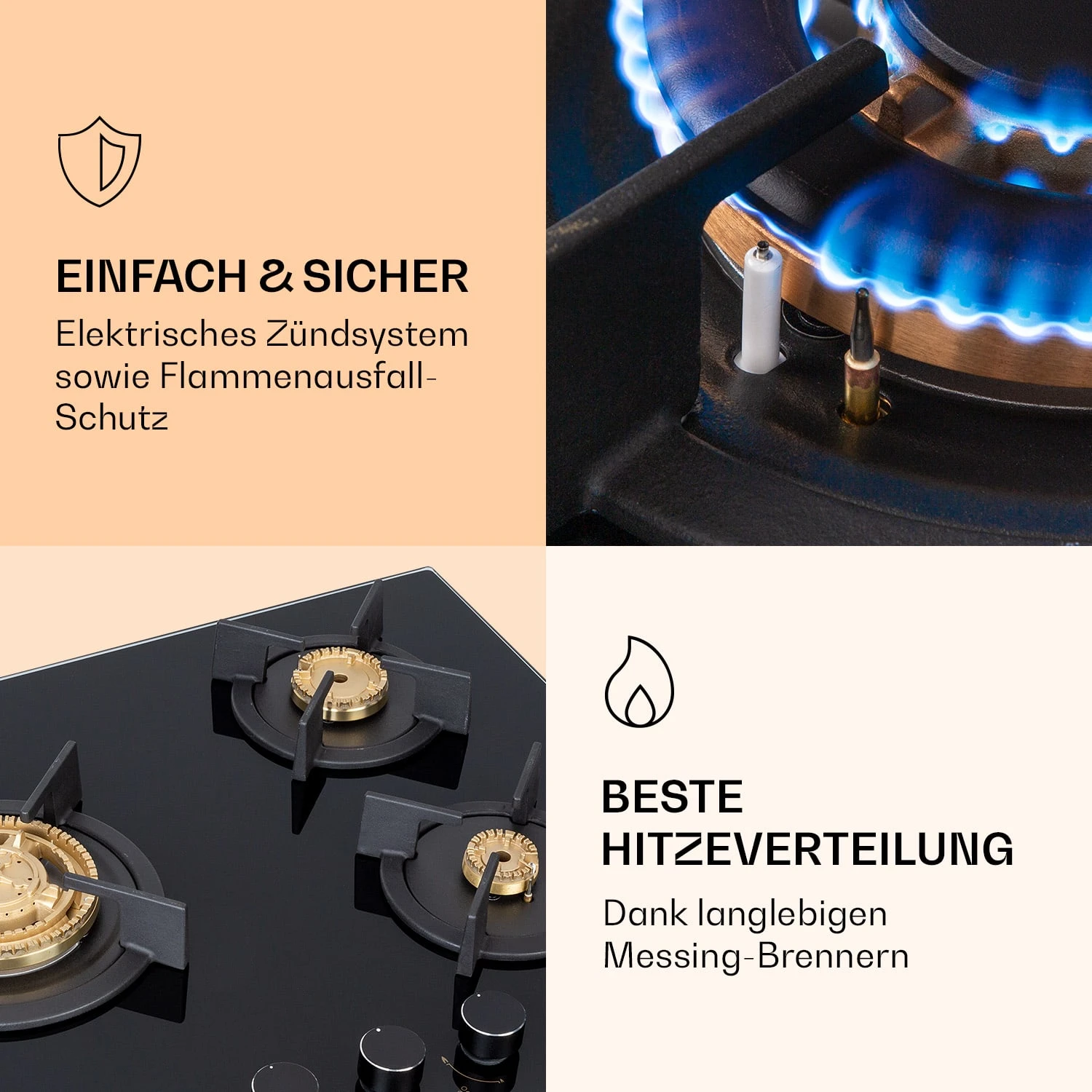 Goldflame 3 Gaskochfeld 3-flammig Messing-Brenner Glaskeramik – Bild 5