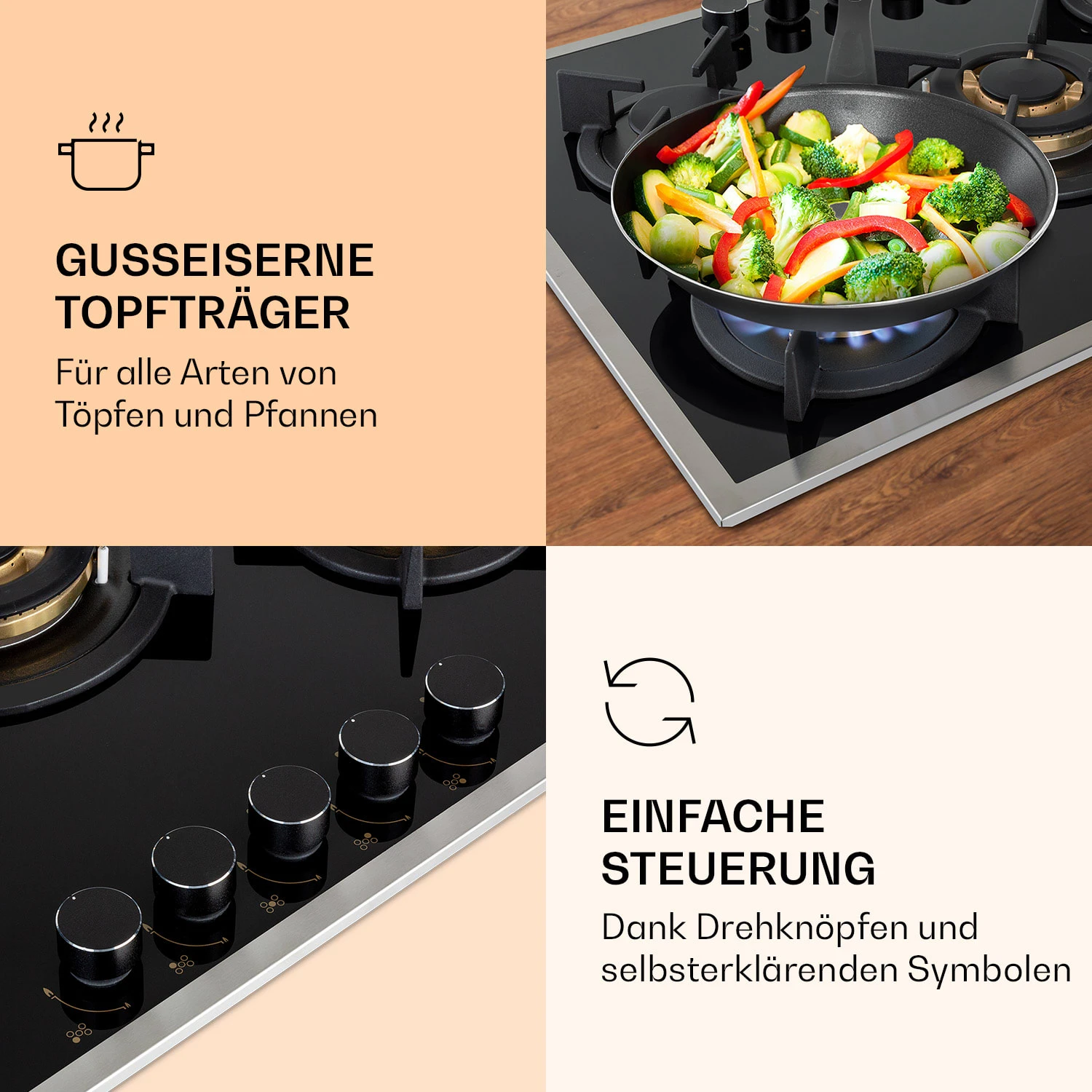 Goldflame 5 Prime Gaskochfeld 5-flammig Messing-Brenner Glaskeramik – Bild 3