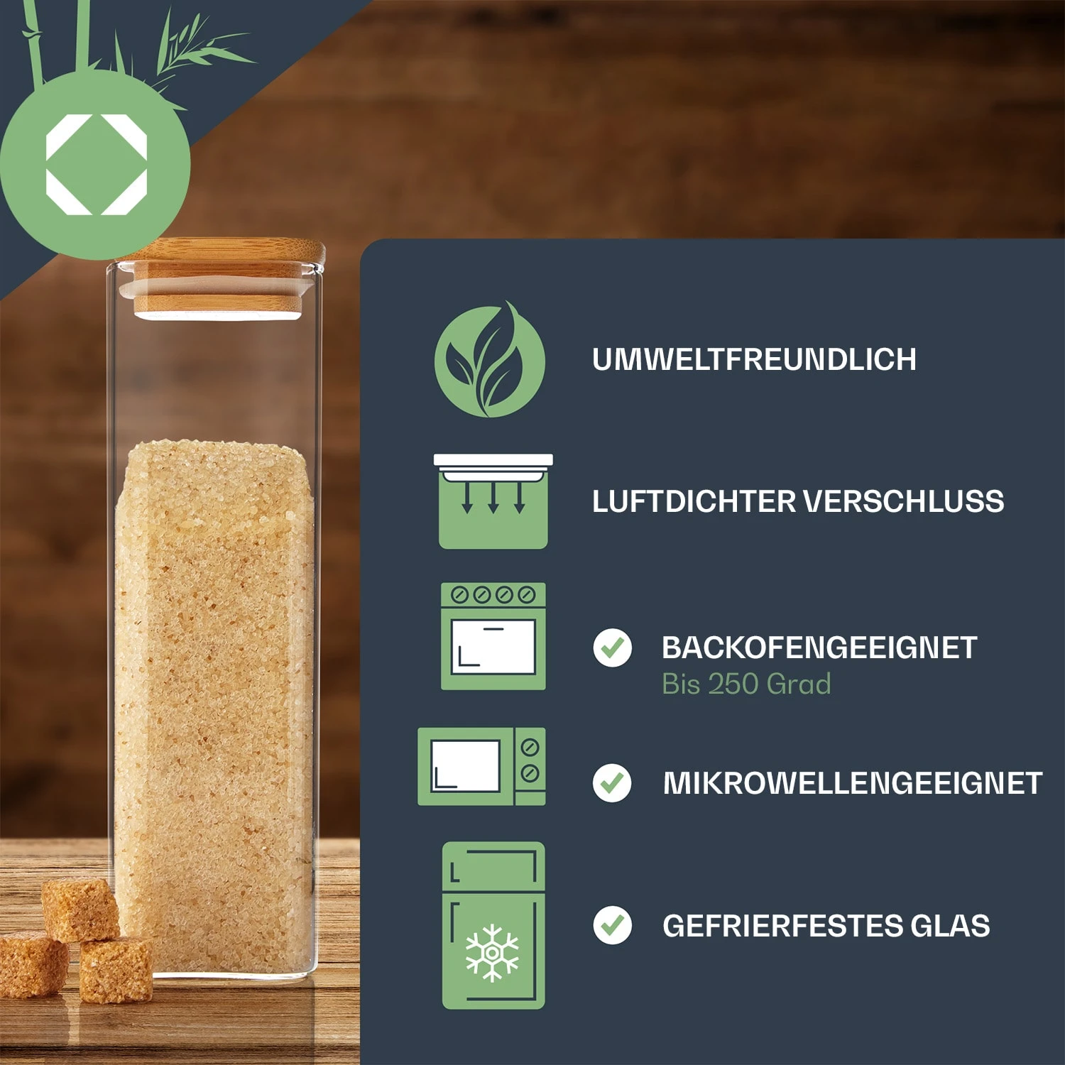 Eckiges Glas Mit Bambusdeckel Luftdicht Silikonring 10 X 25 X 10 Cm – Bild 5