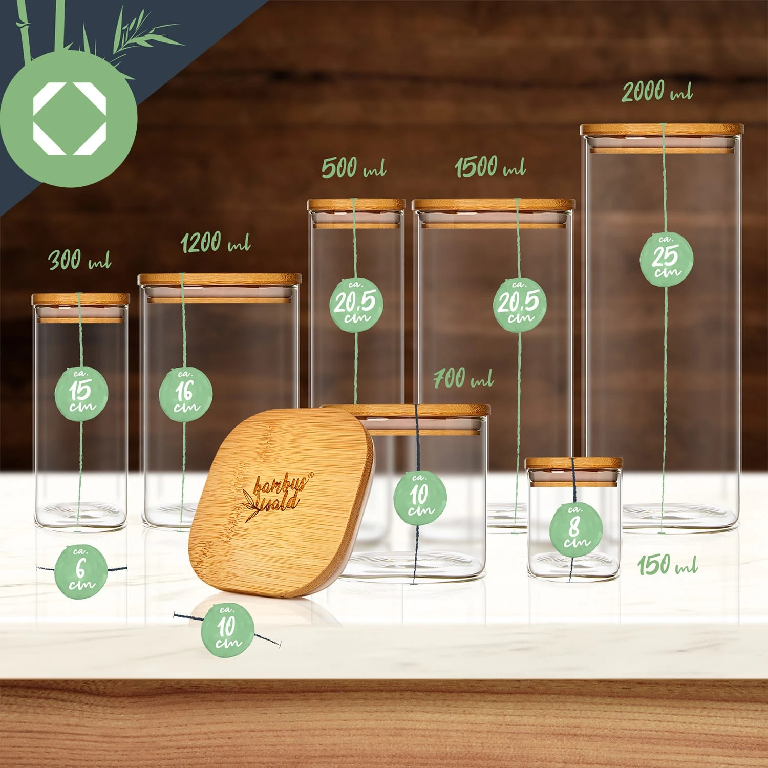 Eckiges Glas Mit Bambusdeckel Luftdicht Silikonring 6x25x6 Cm 500 Ml – Bild 7