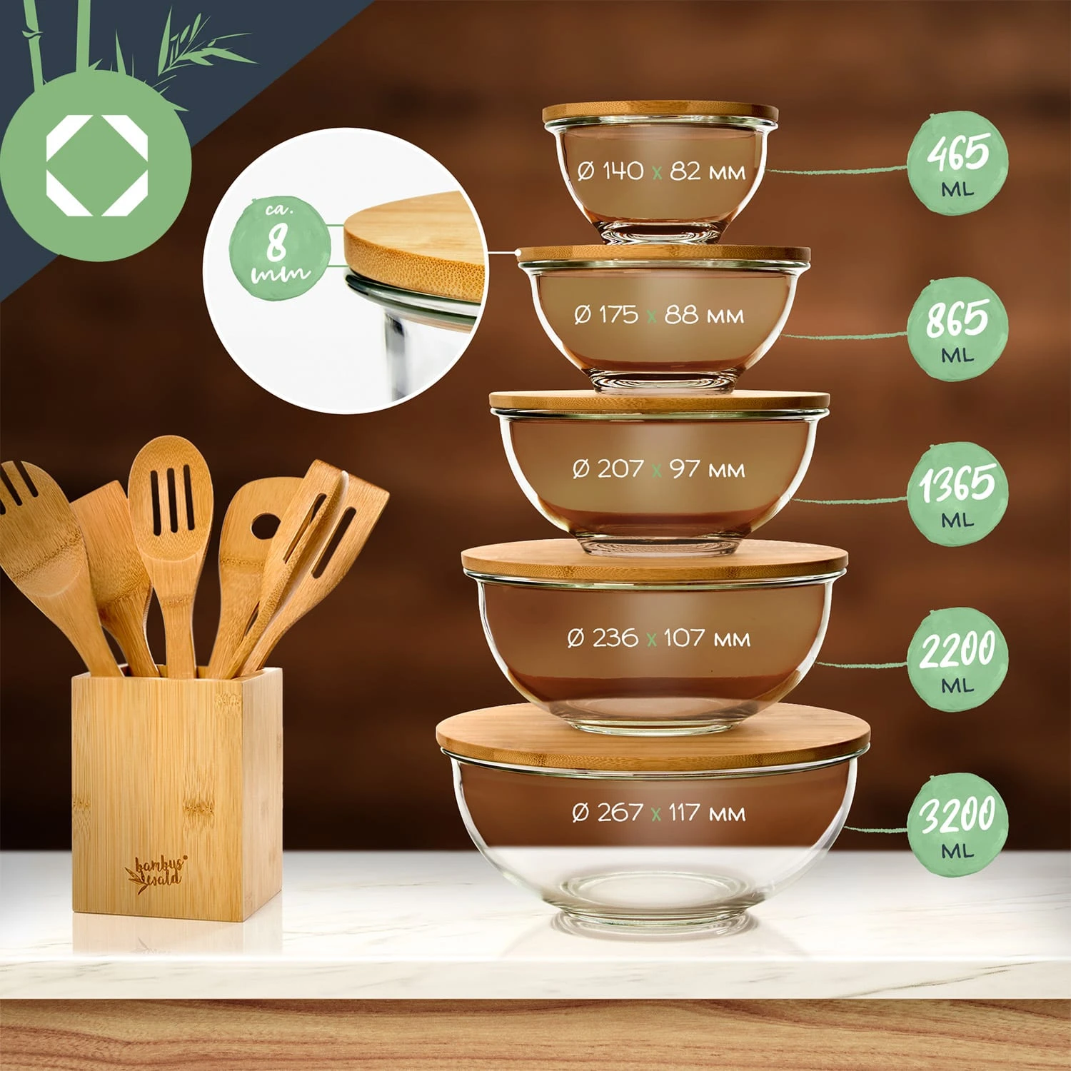 Glasschüssel 2200 Ml Bambusdeckel Verschließbar BPA-frei Größe L – Bild 8