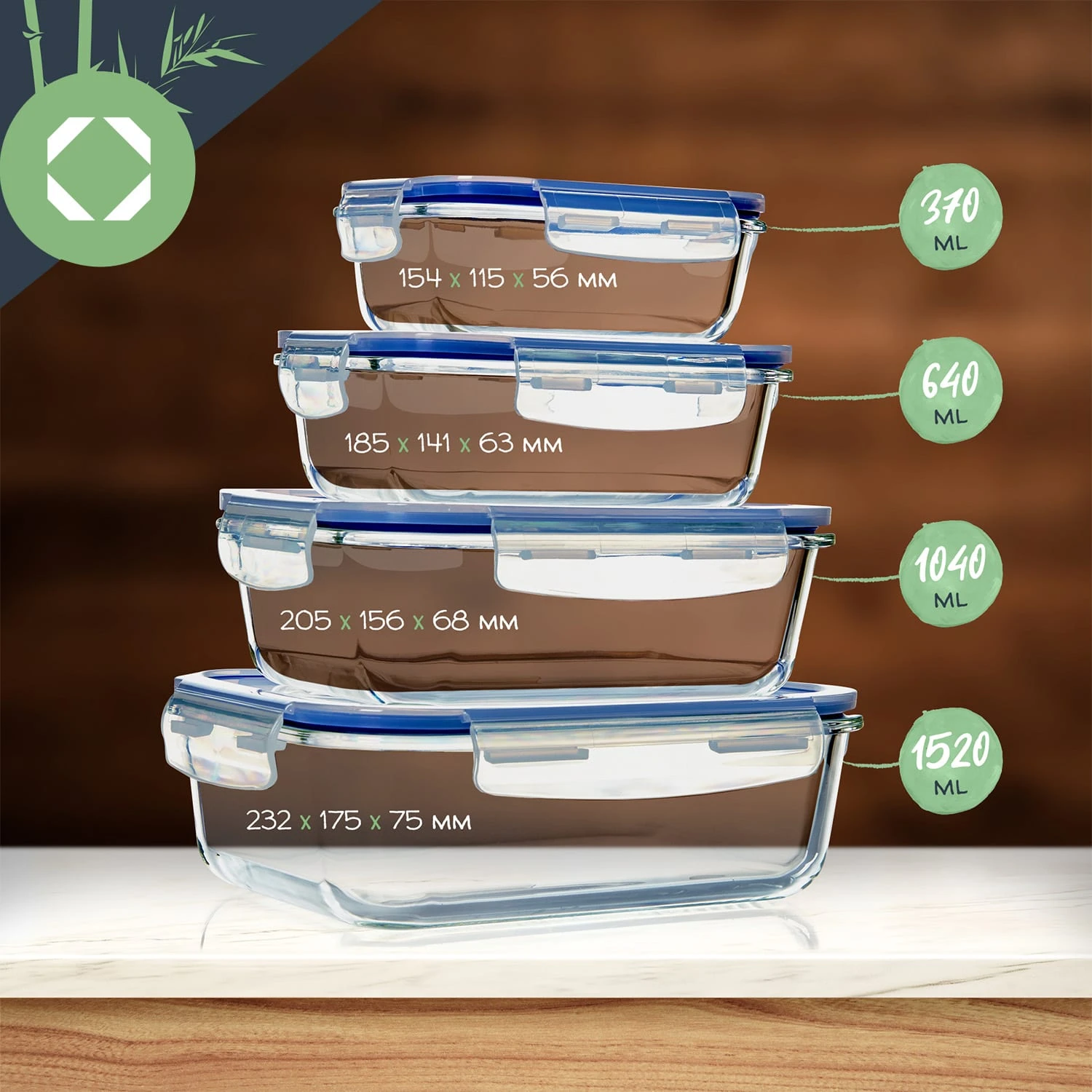 Rechteckige Glasbox 1520 Ml, 1040 Ml, 640 Ml, 370 Ml Mit Deckel 4er-Set – Bild 8