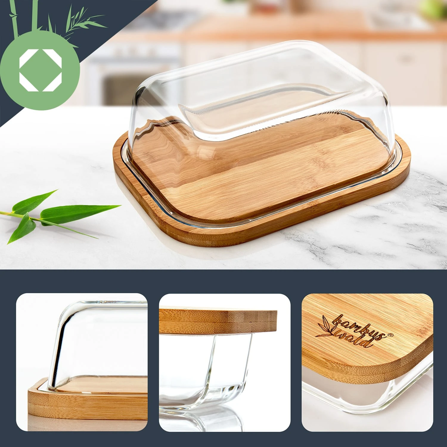 Glas-Käseglocke Bambusboden Luftdicht Geschmacksneutral Spülmaschinenfest – Bild 2