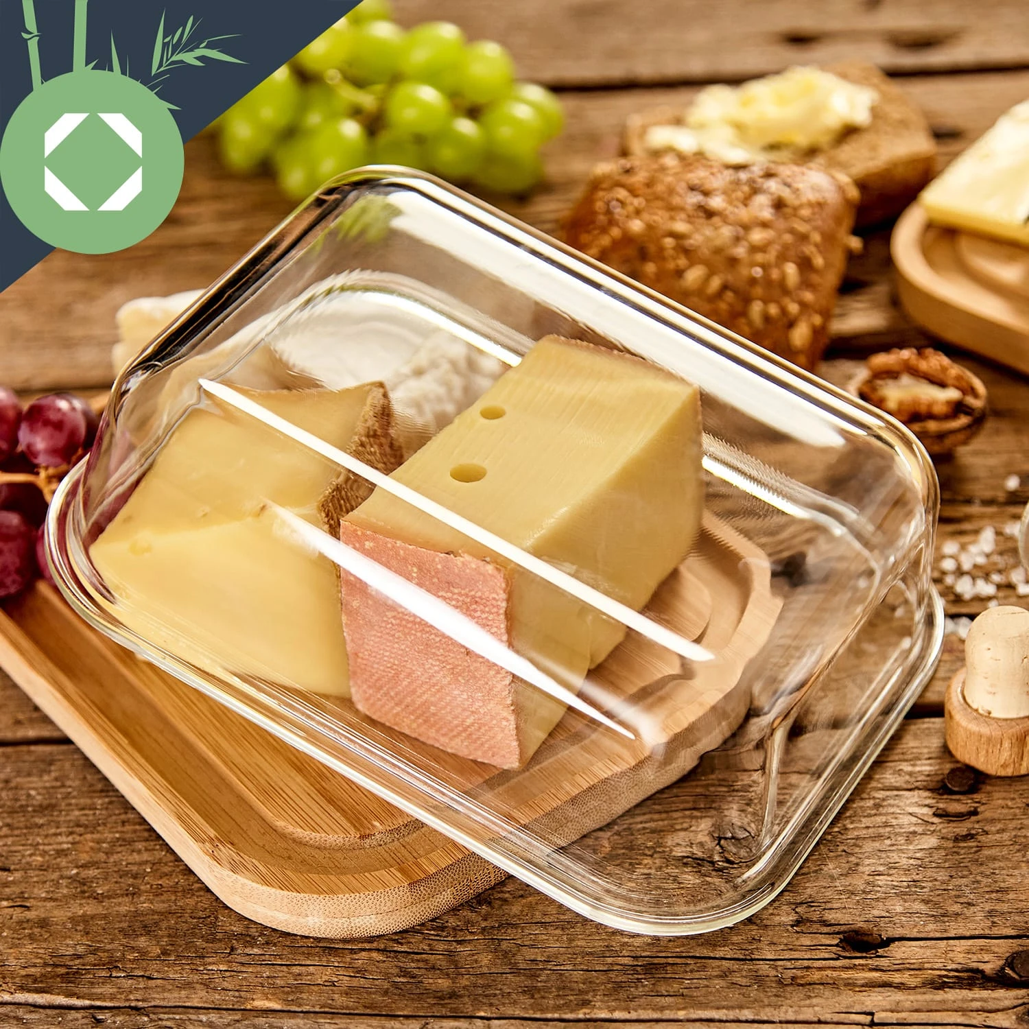 Glas-Käseglocke Bambusboden Luftdicht Geschmacksneutral Spülmaschinenfest – Bild 4