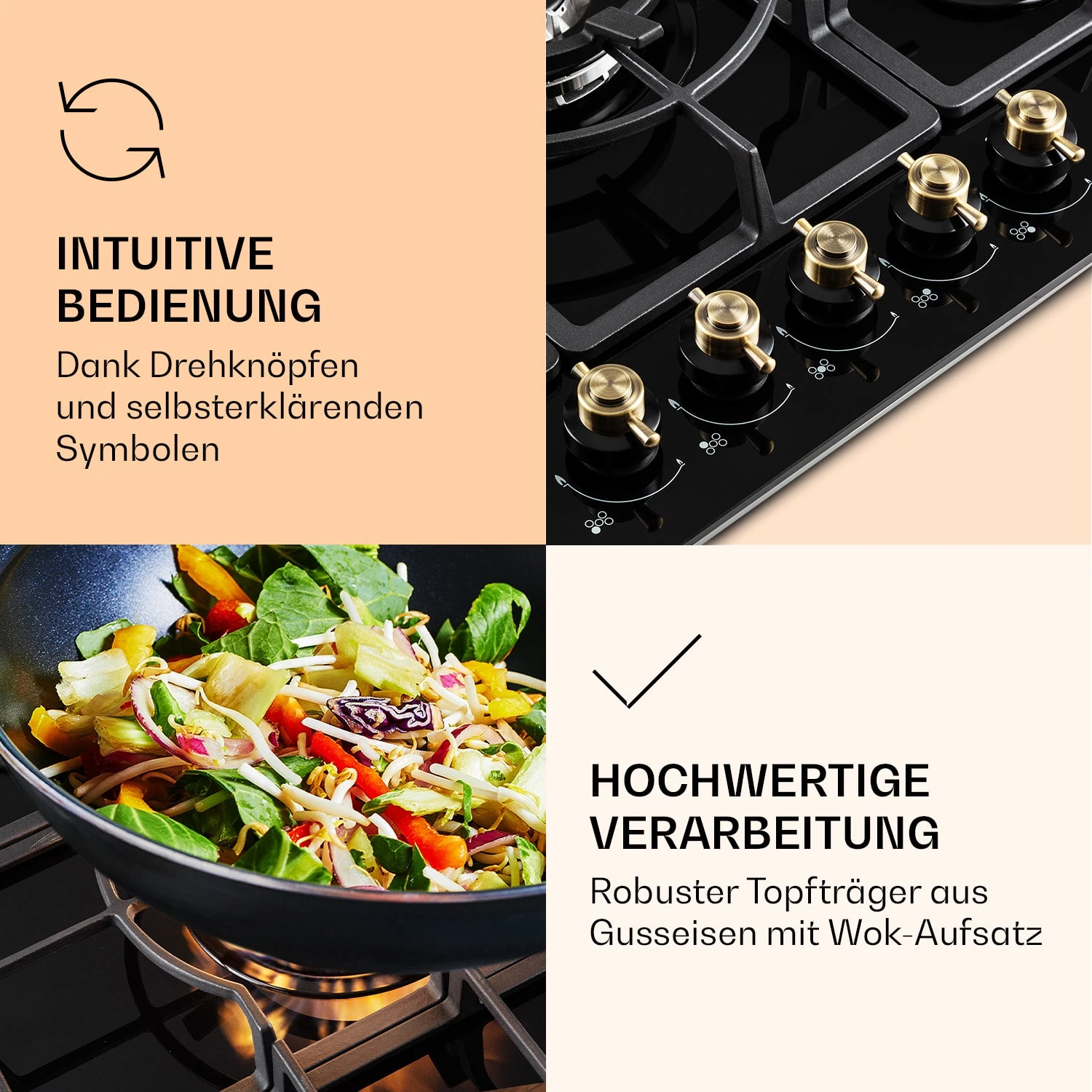 Victoria 5 Gaskochfeld 5-flammig Sabaf-Brenner Glaskeramik Retro-Look – Bild 5