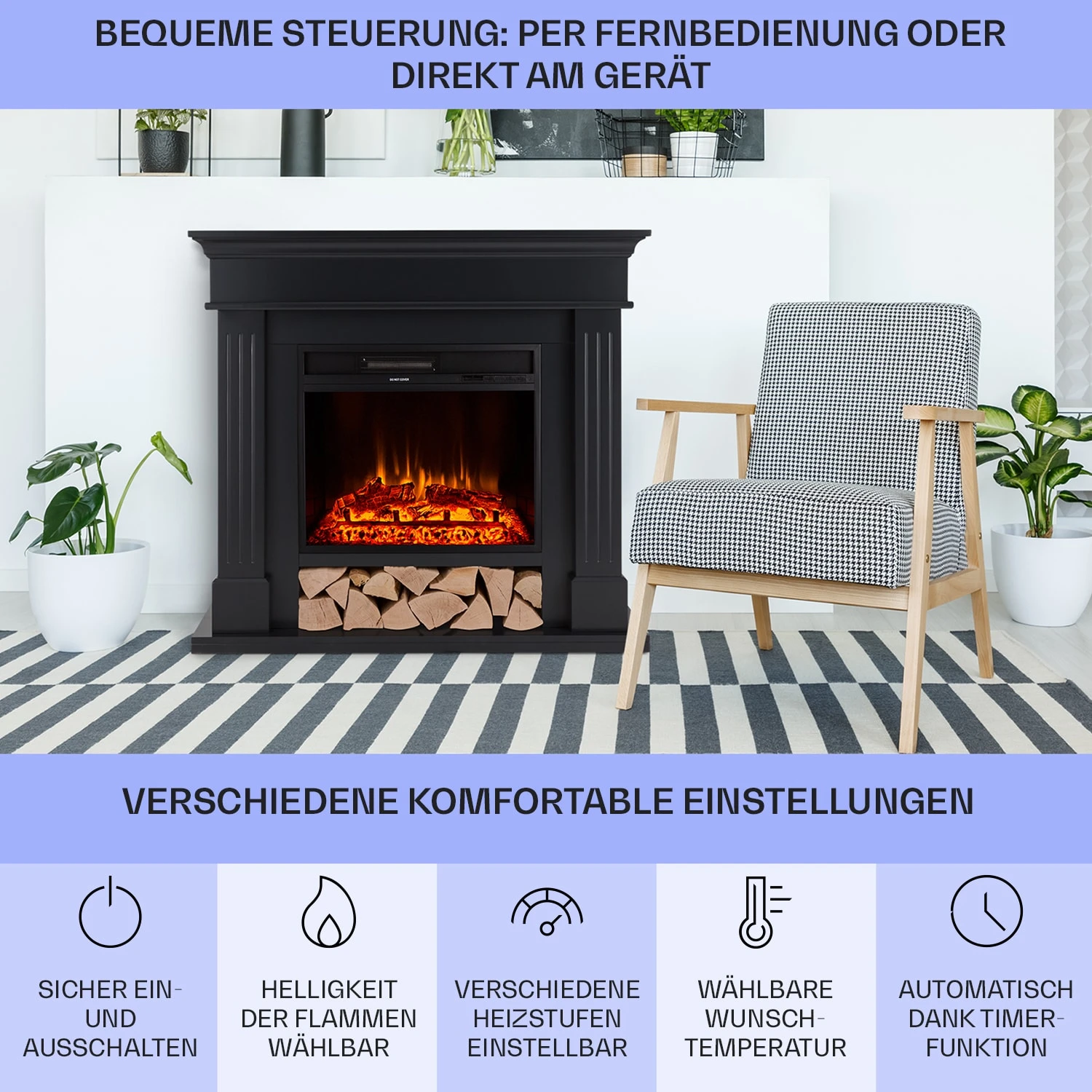 Las Pilas Elektrokamin Heizlüfter 900/1800W Wochentimer Fernbedienung – Bild 6