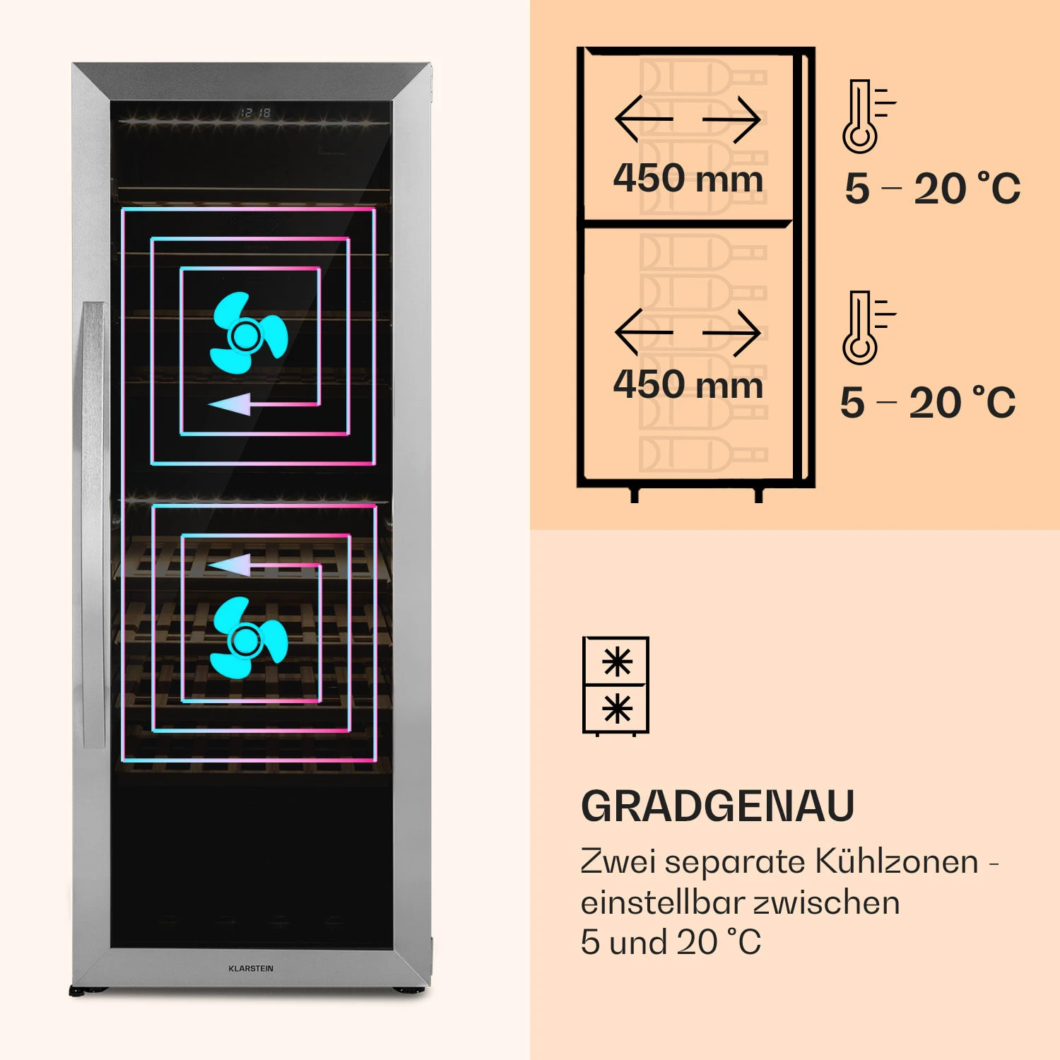 Klarstein Vinamour 77 Duo Weinkühlschrank 191 Liter 5 - 20 °C 2 Kühlzonen – Bild 4