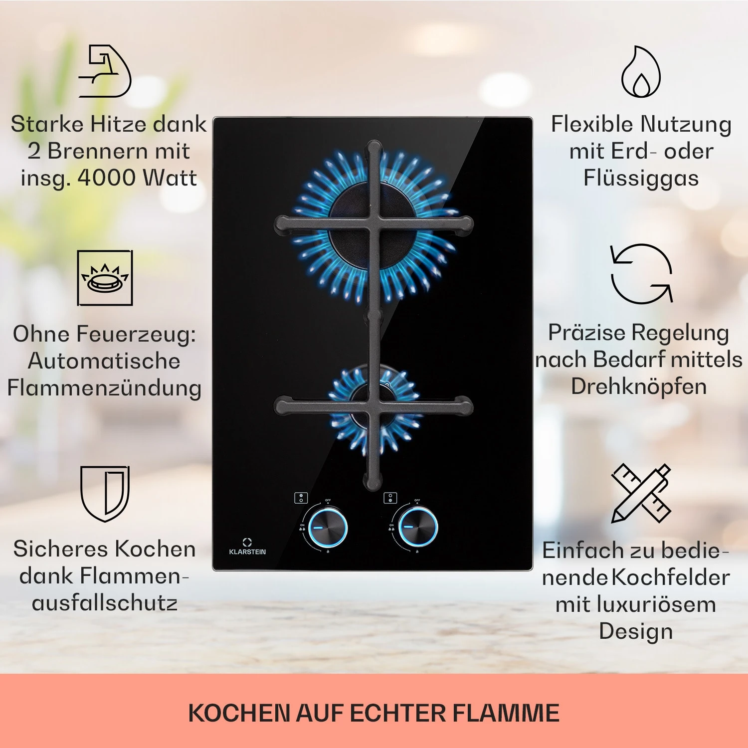 Illuminosa Domino Gaskochfeld 2-flammig Sabaf-Brenner Glaskeramik – Bild 2