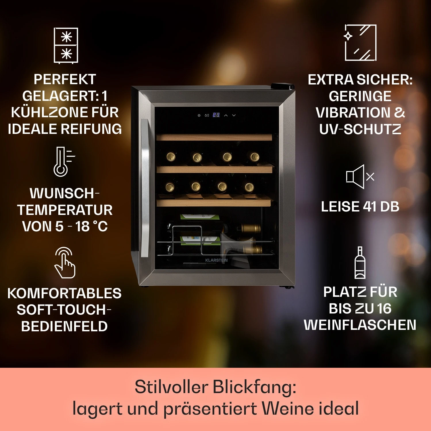 Vinamour 16 Uno Weinkühlschrank 16Fl./42l 5-18°C 41dB Glas – Bild 2