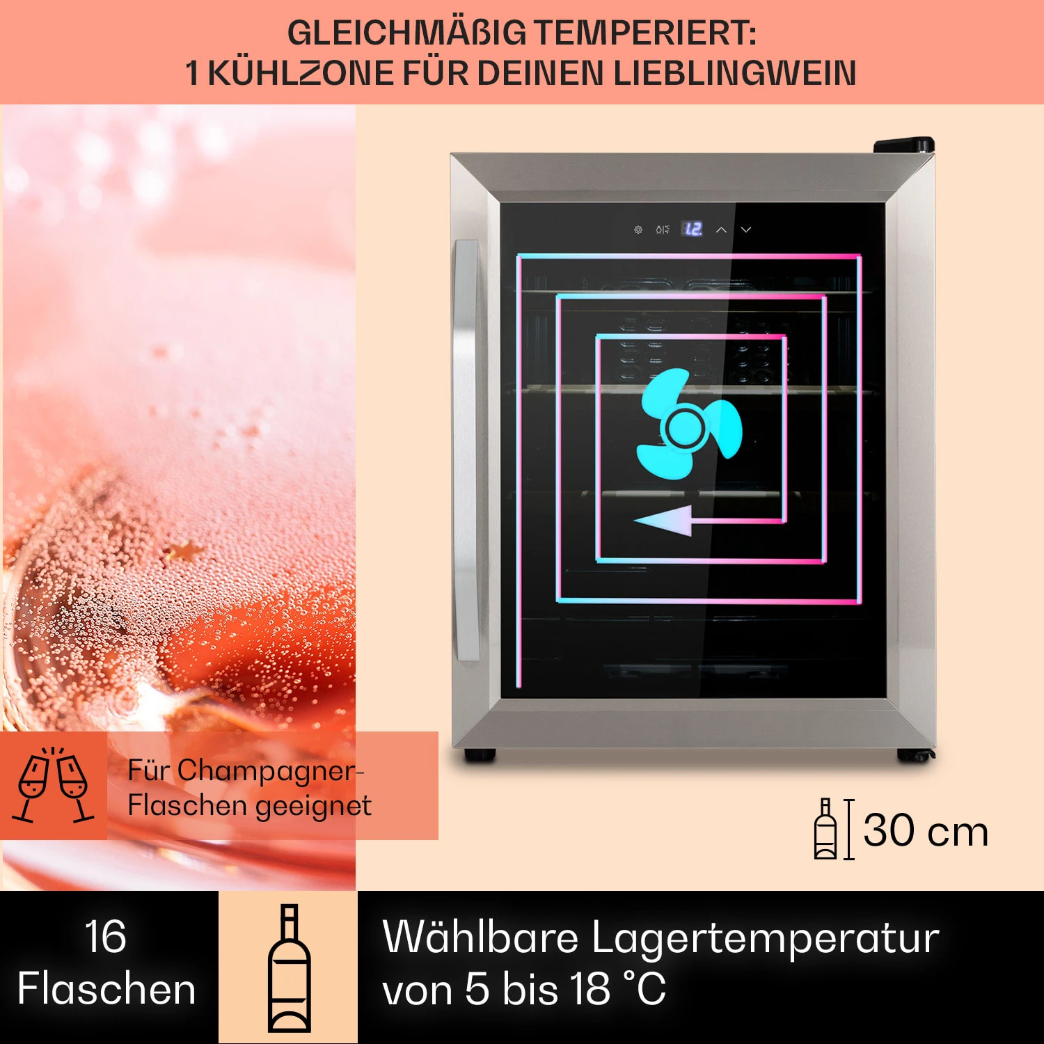 Vinamour 16 Uno Weinkühlschrank 16Fl./42l 5-18°C 41dB Glas – Bild 3