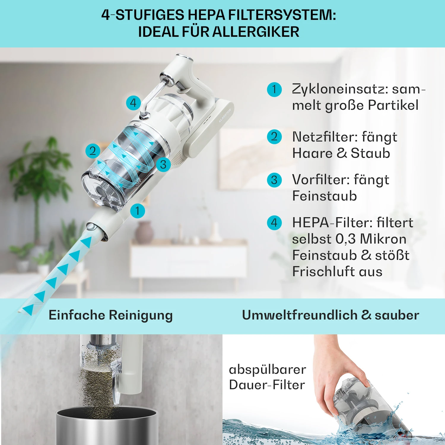 LARMA Staubsauger Kabellos Beutellos Akku 45 Min Laufzeit Max. LED – Bild 3