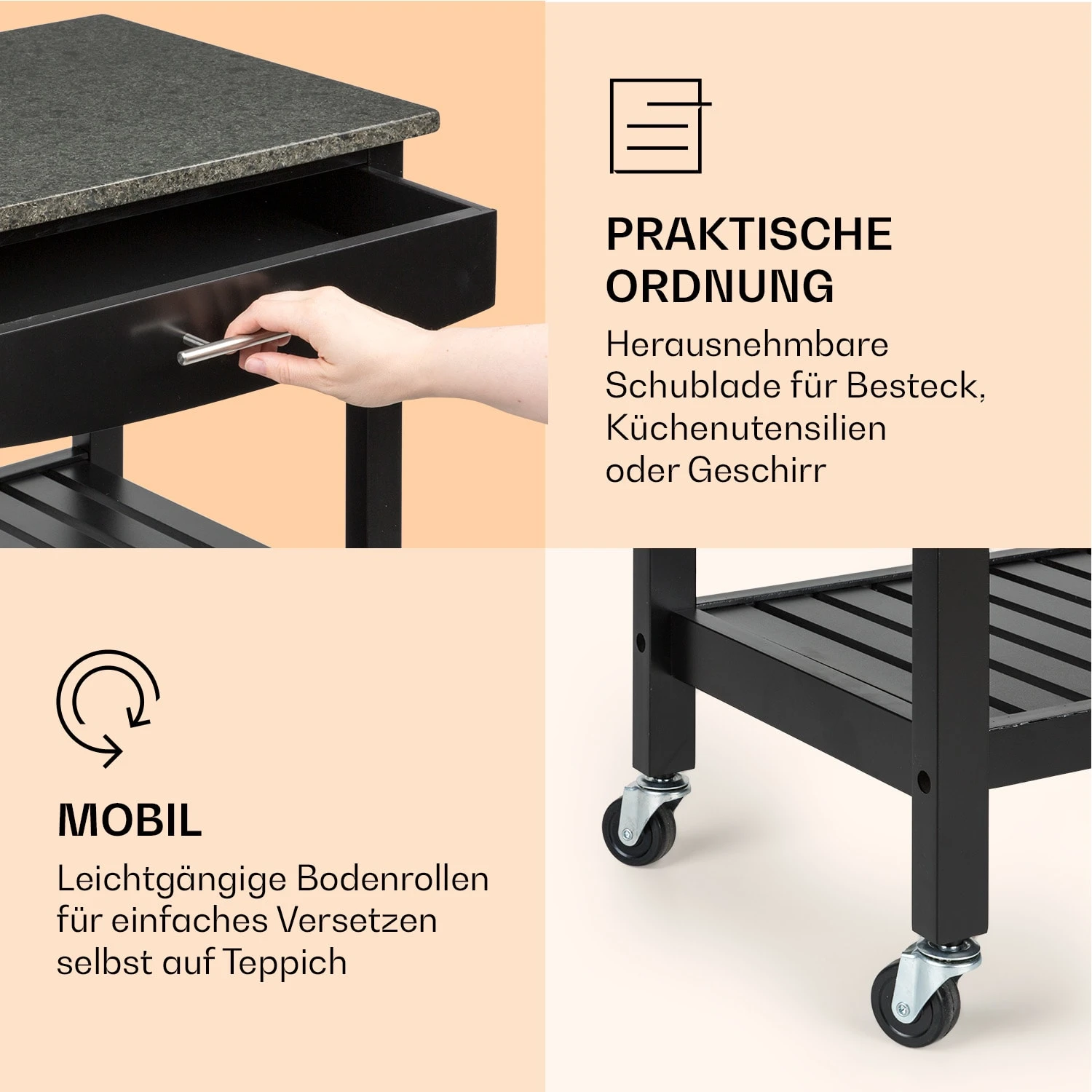 Tennessee Servierwagen Küchenwagen 4 Etagen Holz Granit Mobil – Bild 5