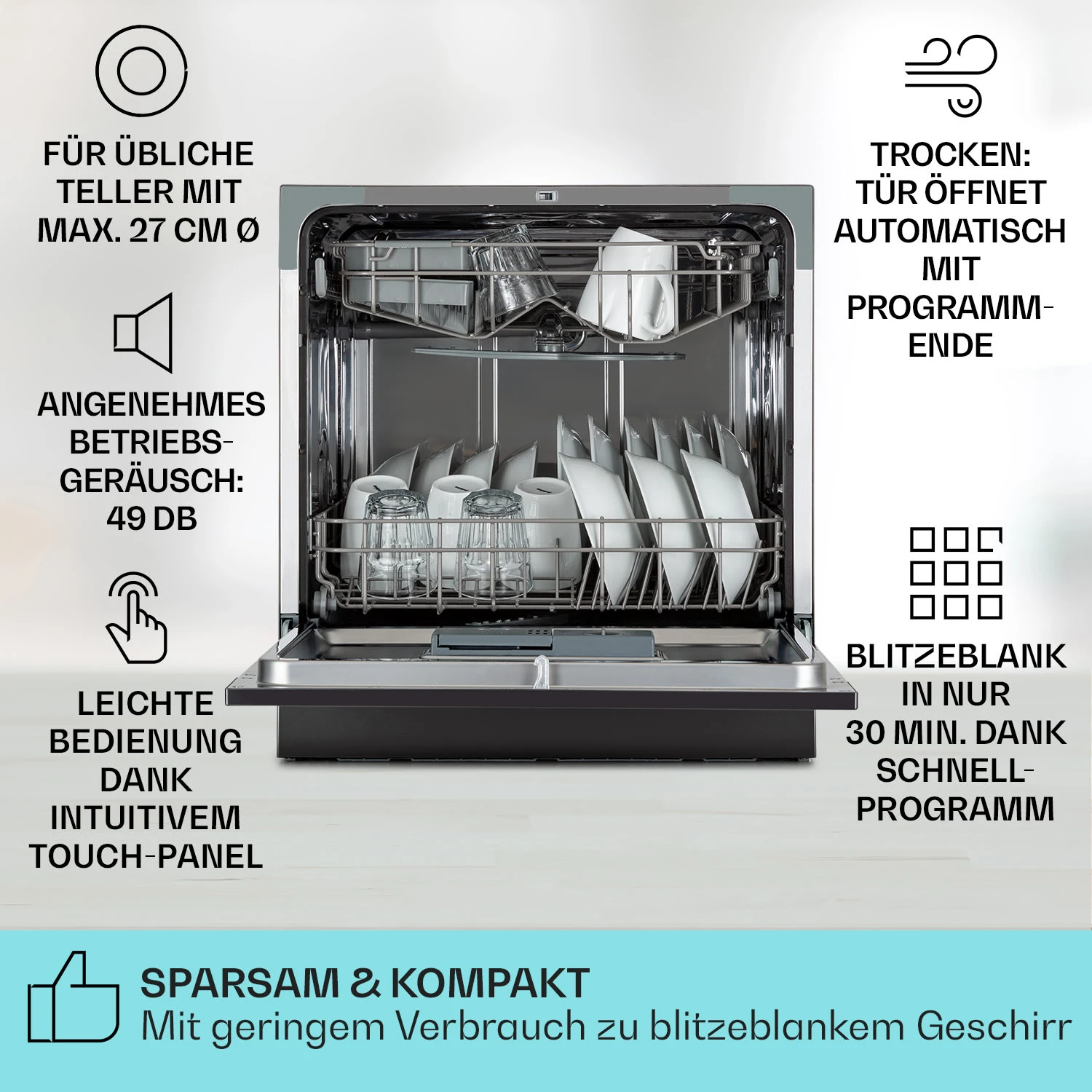 Amazonia 8 Geschirrspülmaschine 1620 Watt Für 8 Maßgedecke 49 DB Aquastop – Bild 2