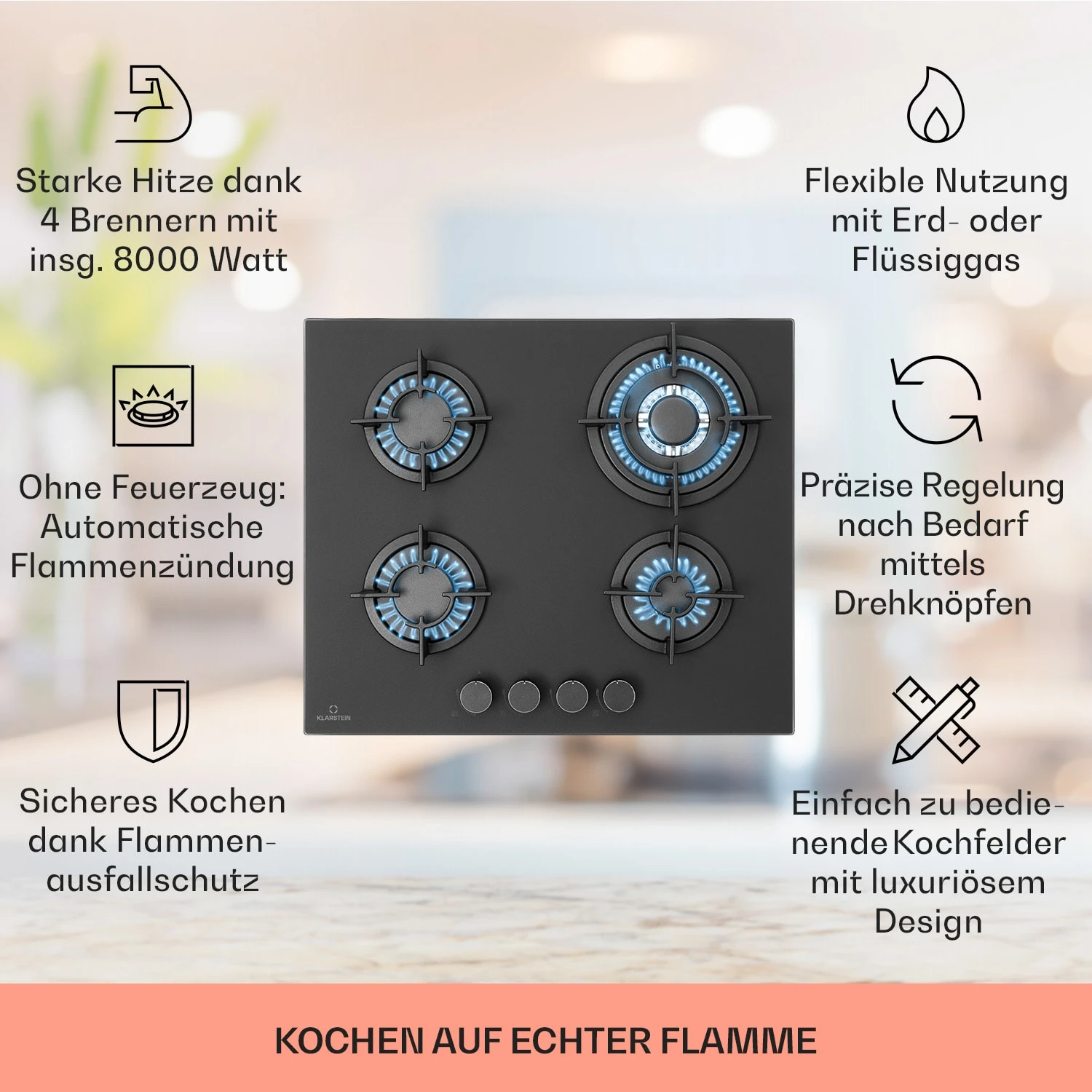 Firetale Gaskochfeld 4-flammig 60 Cm Aluminium-Brenner Inkl. Schlauch Und Druckminderer – Bild 2