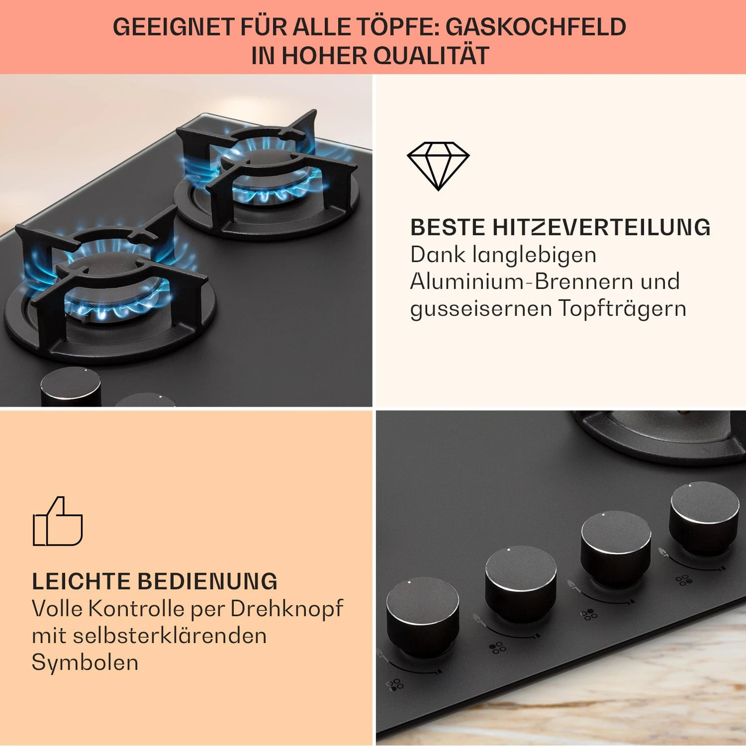 Firetale Gaskochfeld 4-flammig 60 Cm Aluminium-Brenner Inkl. Schlauch Und Druckminderer – Bild 4