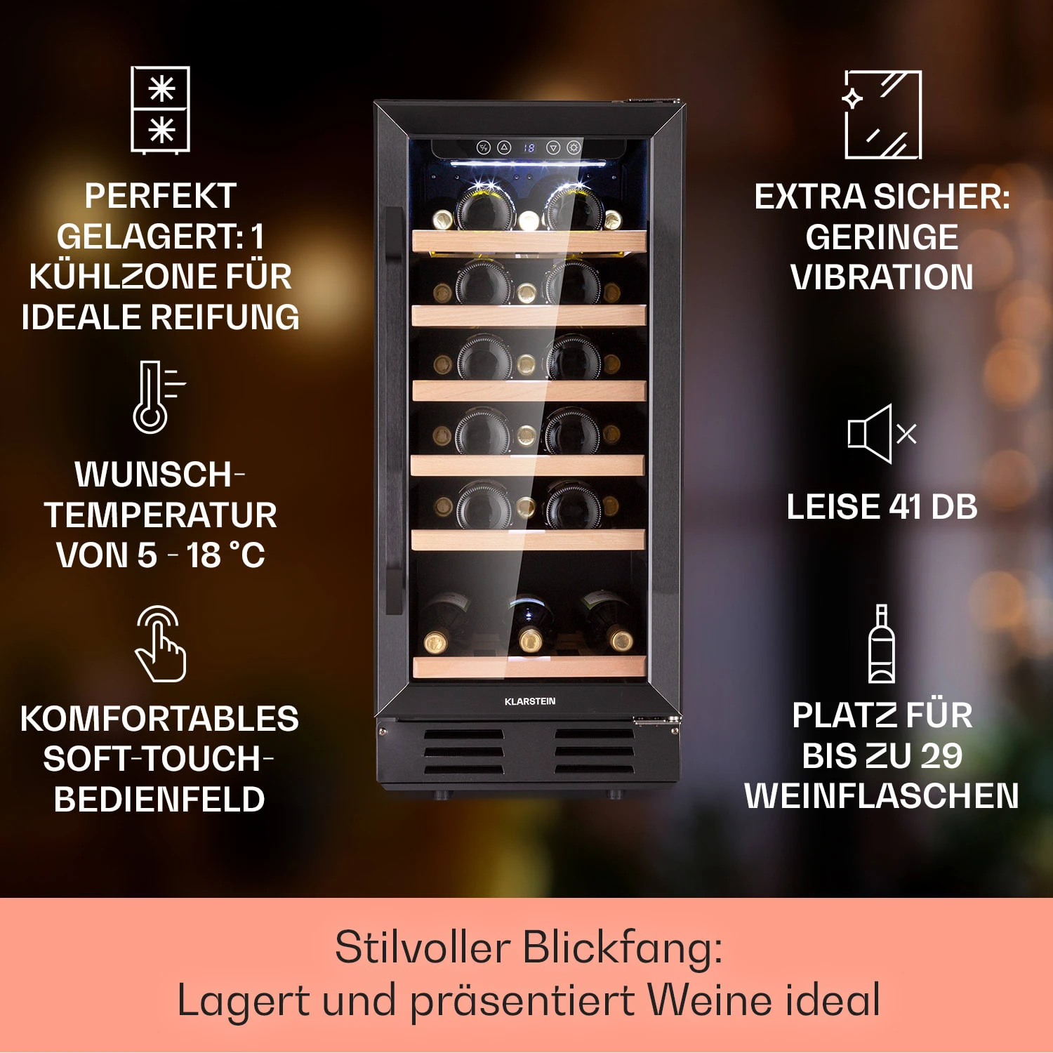 Vinovilla 29 Built-In Weinkühlschrank 81 L / 29 Fl. 1 Zone Glastür Edelstahl – Bild 2