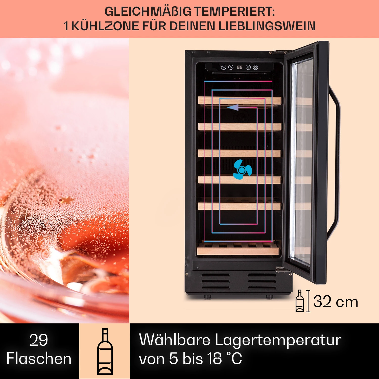 Vinovilla 29 Built-In Weinkühlschrank 81 L / 29 Fl. 1 Zone Glastür Edelstahl – Bild 3