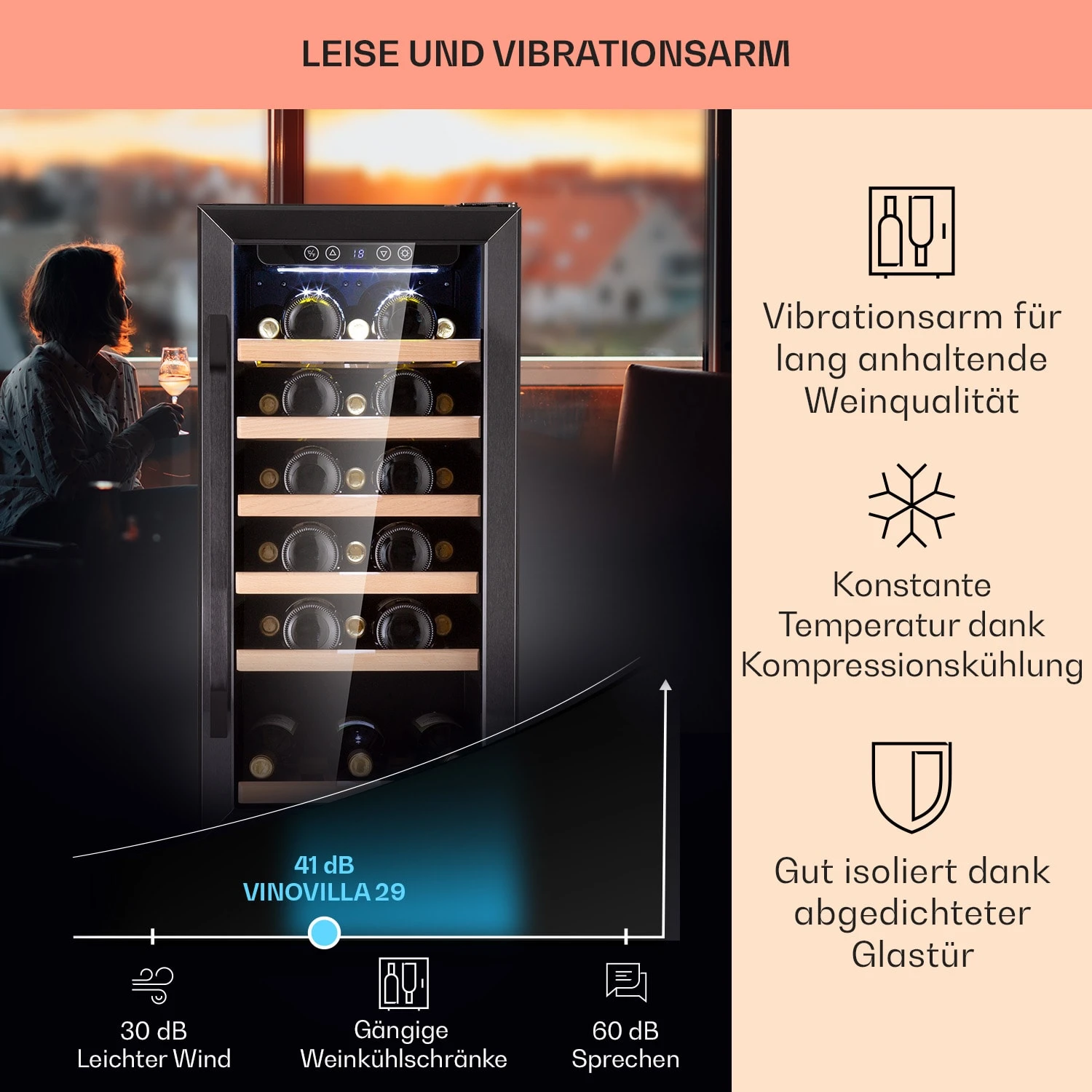 Vinovilla 29 Built-In Weinkühlschrank 81 L / 29 Fl. 1 Zone Glastür Edelstahl – Bild 4