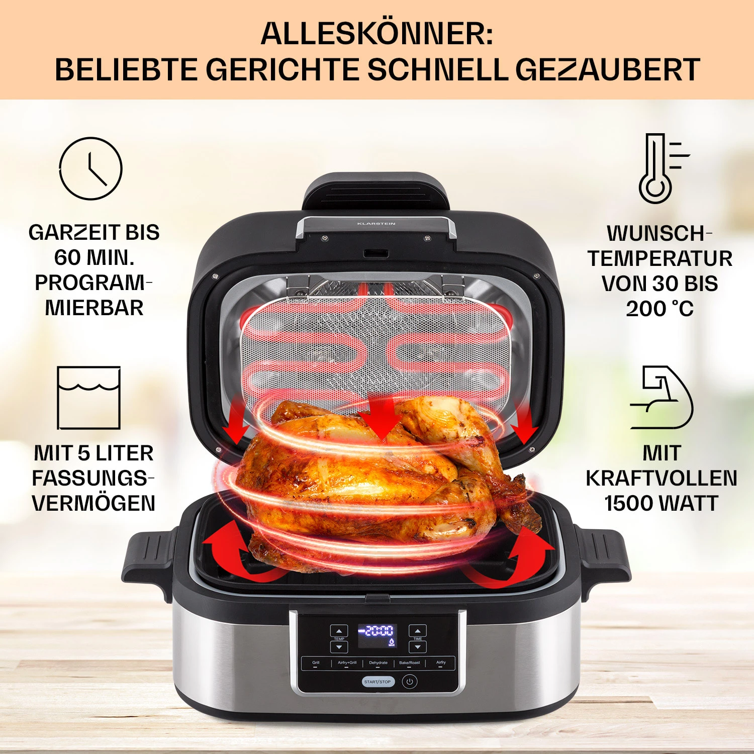 Combo Air Grill-Heißluftfritteuse 5 Programme 1500 Watt 4,5 L Grillkorb 2,5 L Frittierkorb – Bild 2