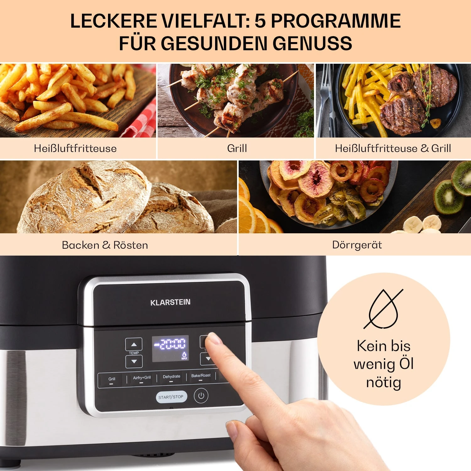 Combo Air Grill-Heißluftfritteuse 5 Programme 1500 Watt 4,5 L Grillkorb 2,5 L Frittierkorb – Bild 3