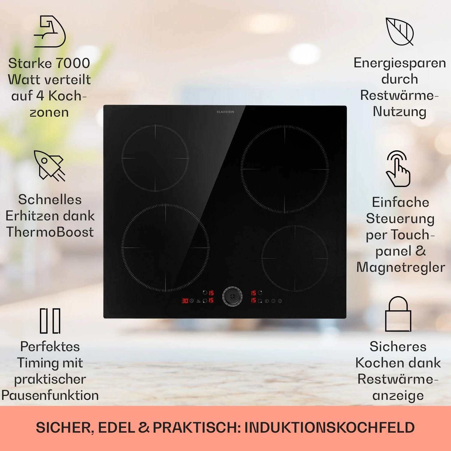 Magnichef 4 Einbaukochfeld Induktion 4 Zonen 7000W Glaskeramik – Bild 2