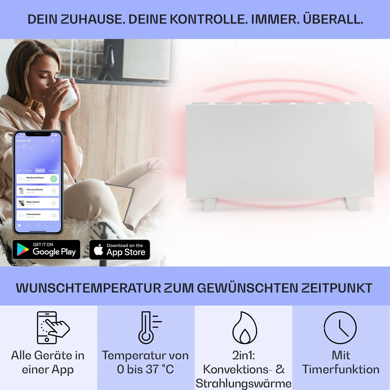 Taal Smart Hybrid-Infrarot-Heizung 105x56cm 750W Wochentimer IP24 – Bild 3